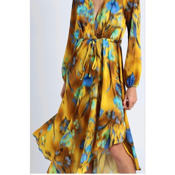 TOPSHOP Blurred Floral Waterfall Hem Wrap Midi Occasion Dress in Green and Blue - Picture 13 of 14